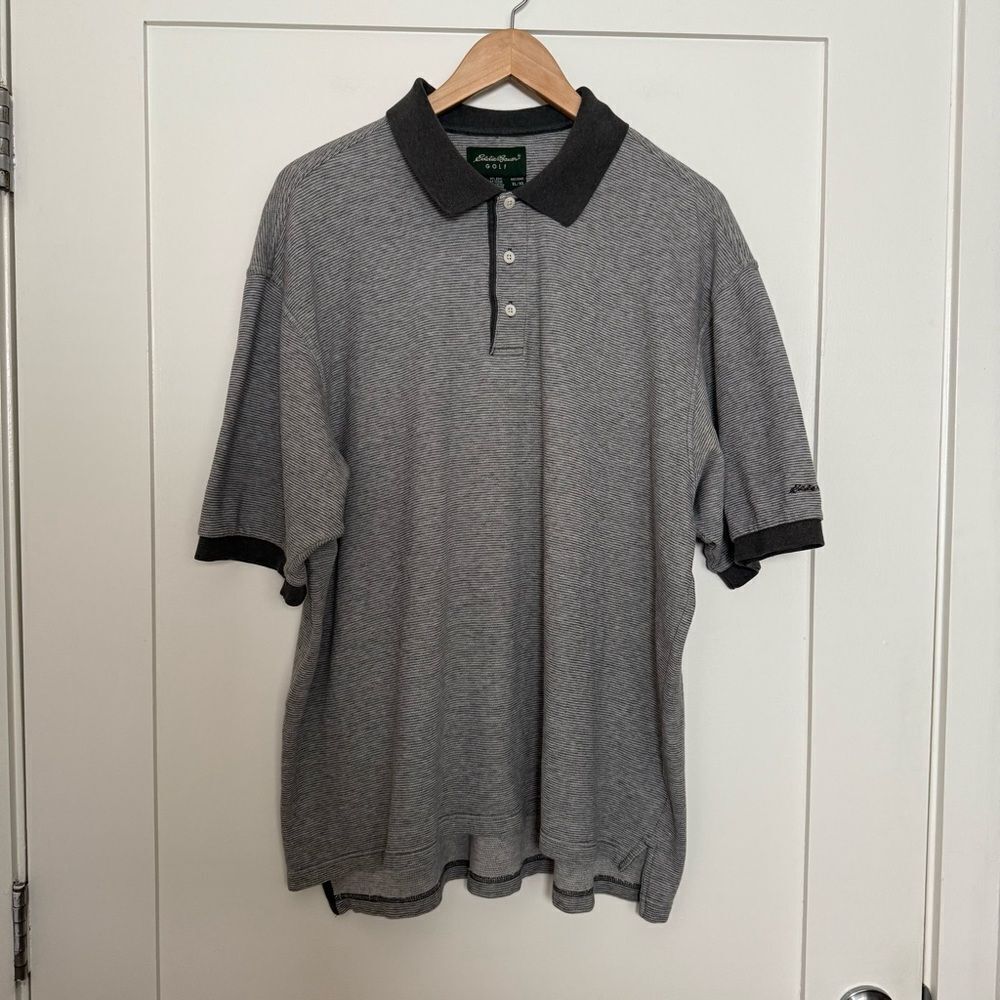 Eddie Bauer Golf Polo Shirt Men Sz XL Gray Striped Short Sleeve Logo 100% Cotton